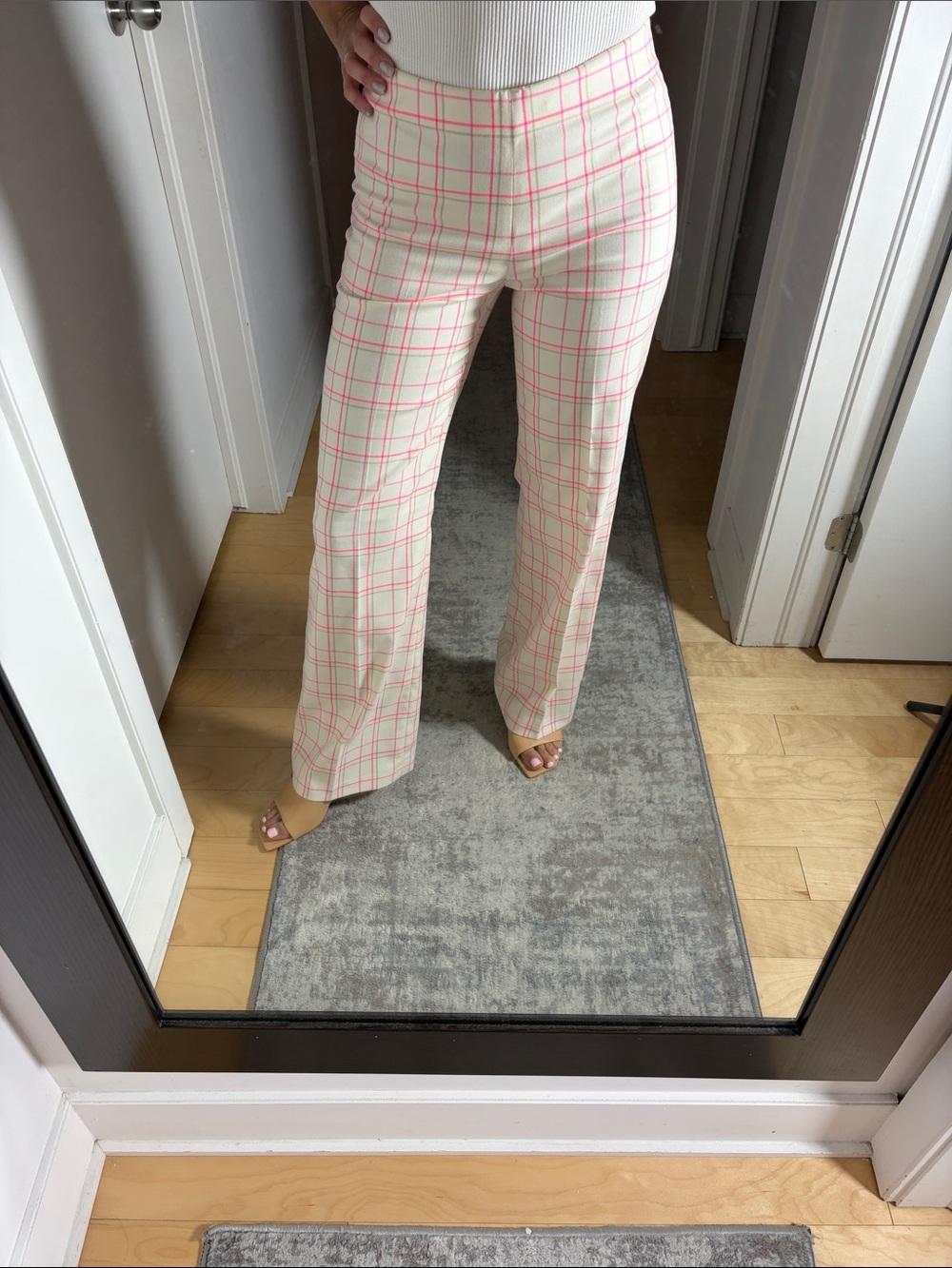 Peace of Cloth Cream Wide-Leg Pants with Pink Windowpane